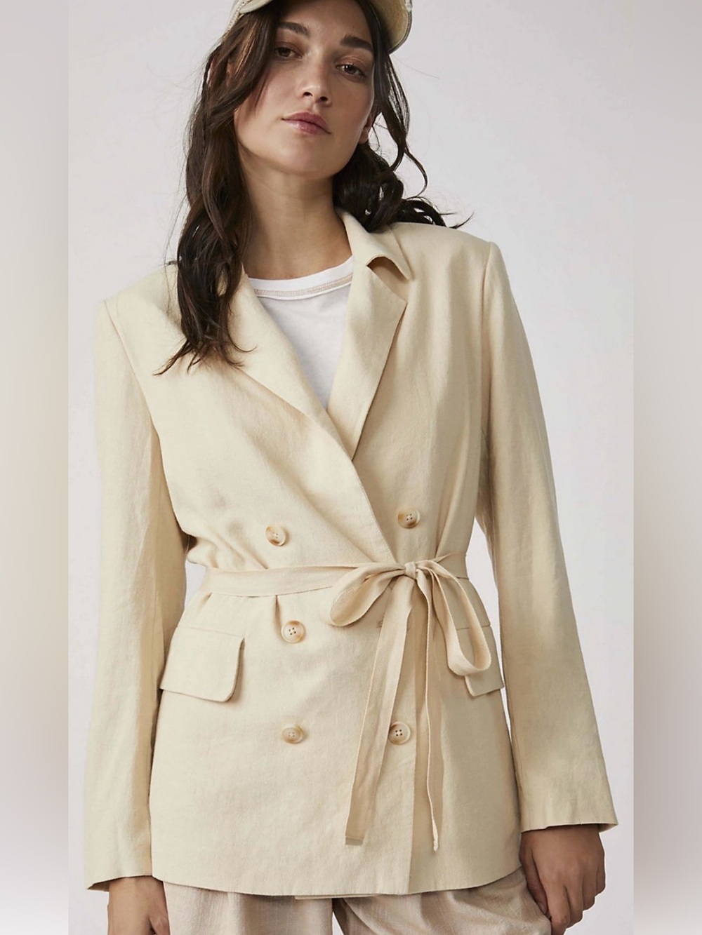 NWT FREE PEOPLE Olivia Linen-Blend Double-Breasted Tie-Waist Blazer Jacket, Sand